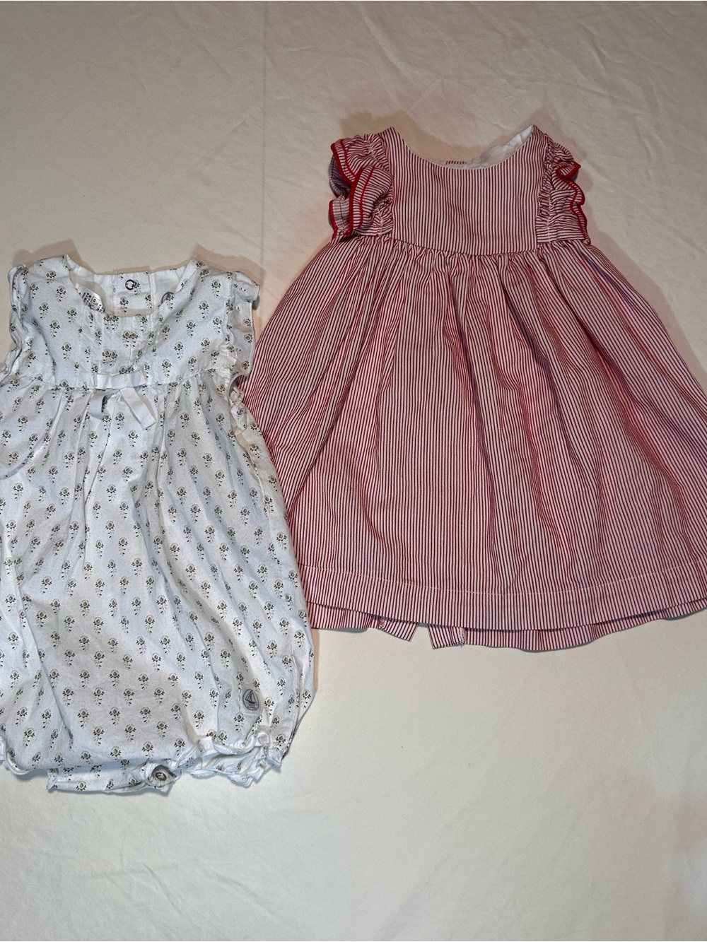 Petit Bateau Baby Girl 12M Bundle - Floral Bubble Romper & Red Striped Dress